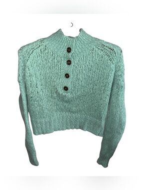 Everlane Mint Green Cropped Mock-Neck Button Sweater Alpaca & Merino Wool Blend
